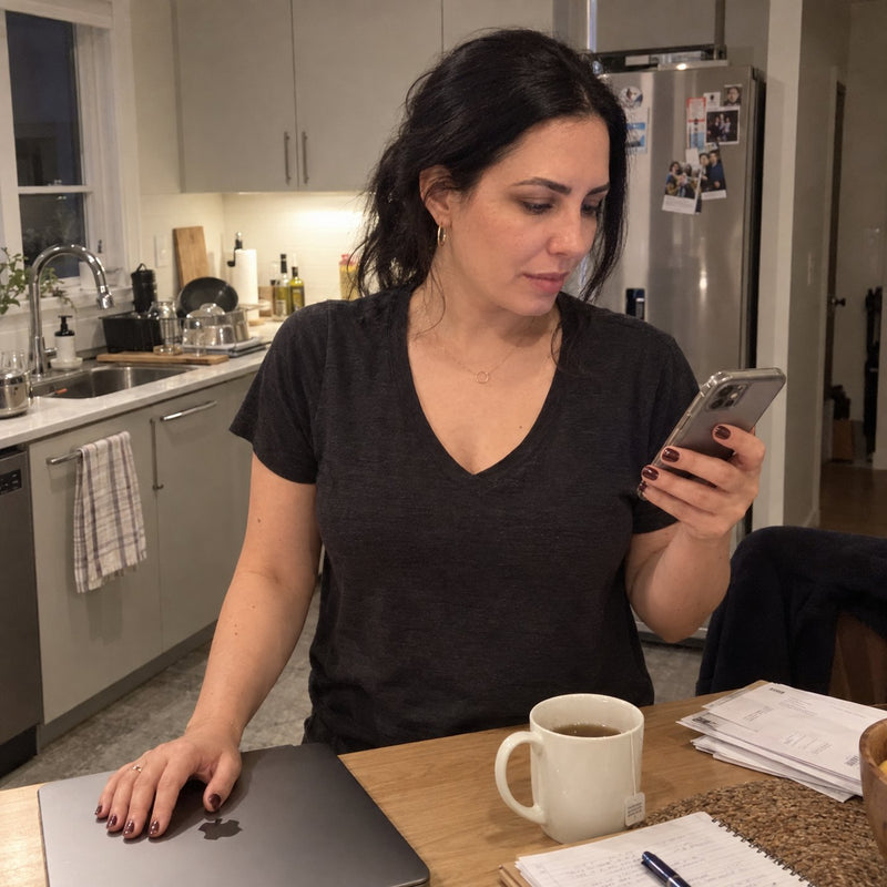 A woman at the kitchen table on her phone in the evening, a mug beside her laptop