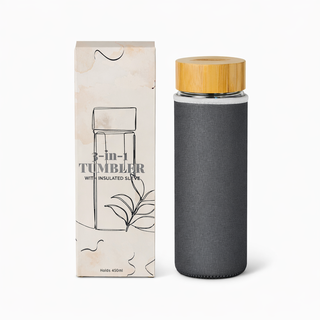 Tease Wellness 3 in 1 Sustainable Glass and Bamboo Tea Tumbler Charcoal with bamboo lid and product packaging box.