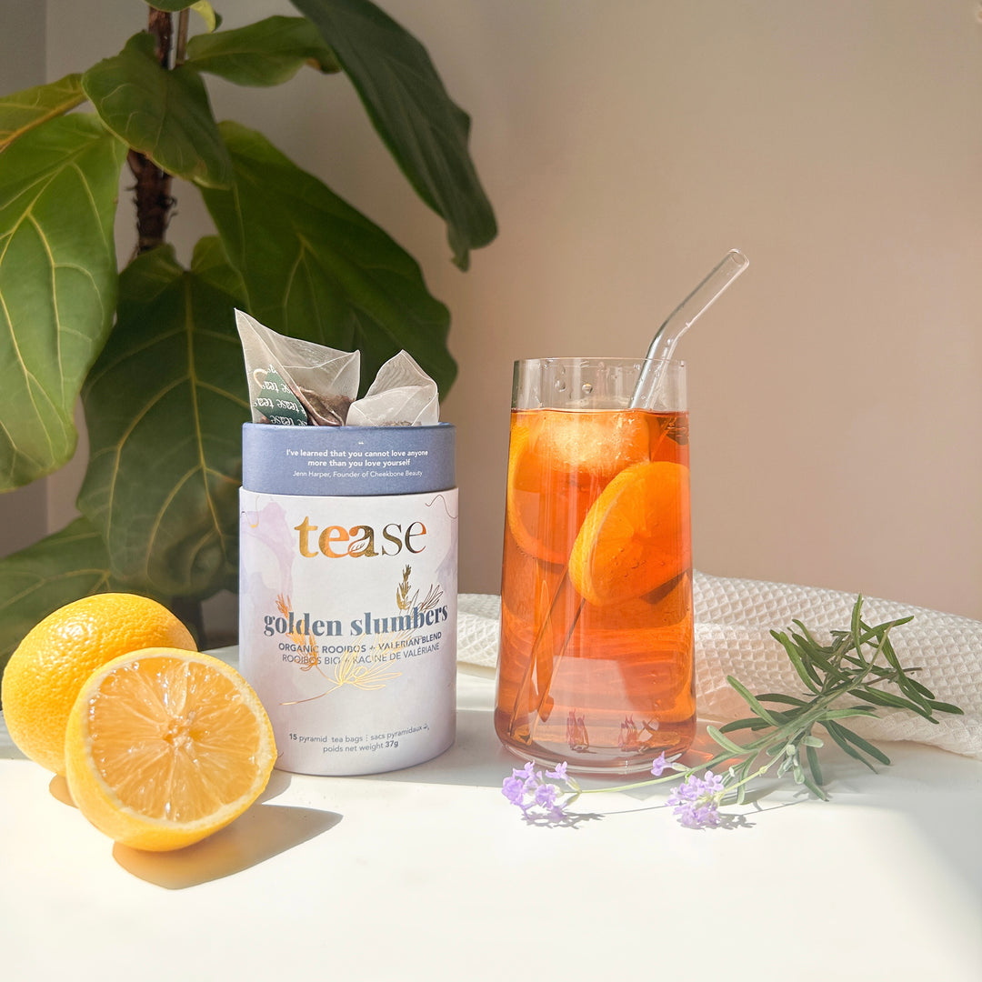 Tease Tea Golden Slumbers organic sleep blend with rooibos, mint, and a glass mug of tea