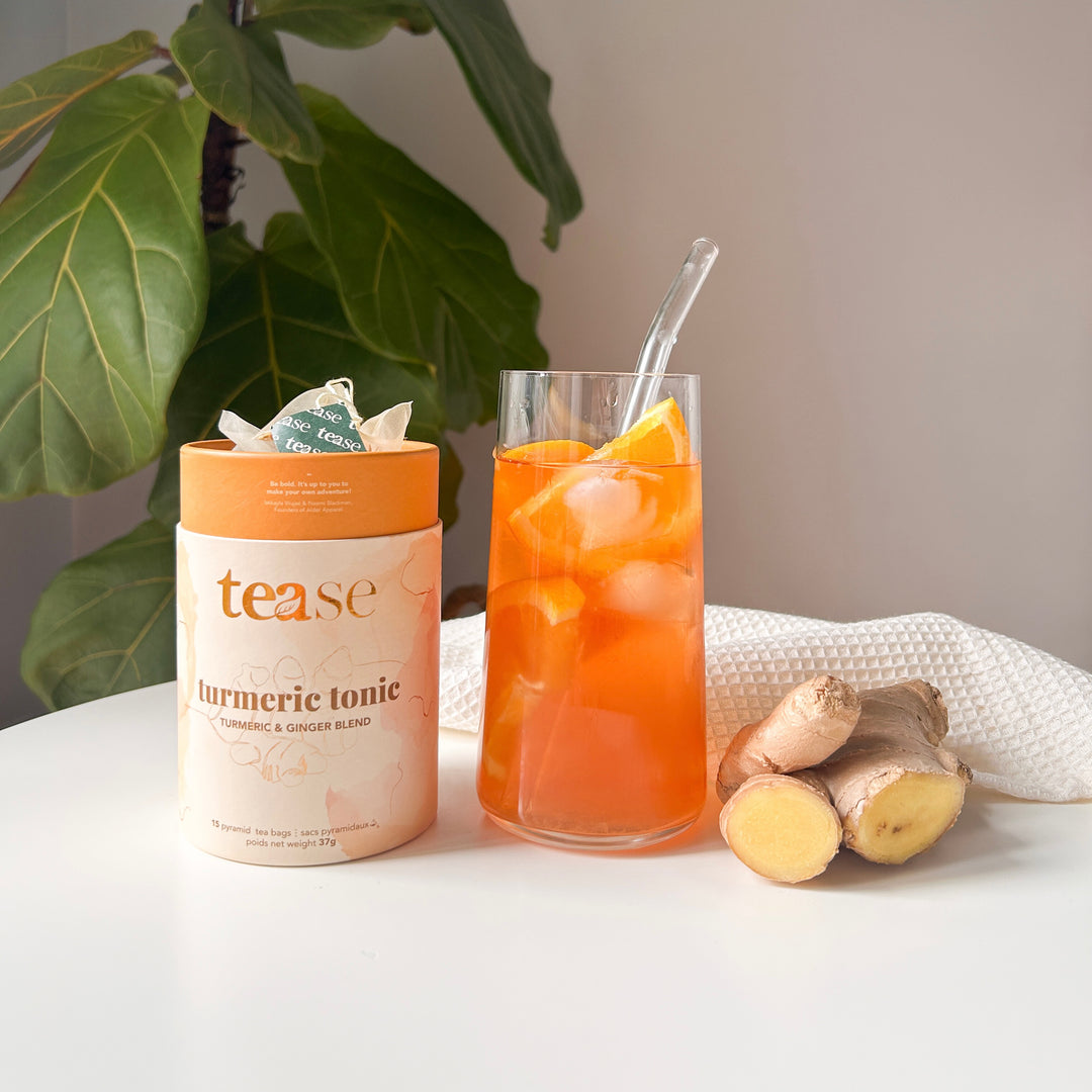 Tease Tea Turmeric Tonic with ginger, turmeric root, and a warm amber infusion