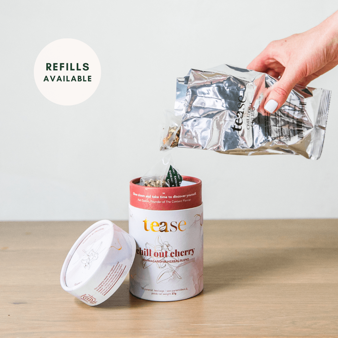 Tease Tea tube-refill > wellness > biodegradable > tea > ashwagandha > stress tea Chill Out Cherry Chill Out Cherry Adaptogen Tea | Stress Support - Tease Wellness Blends