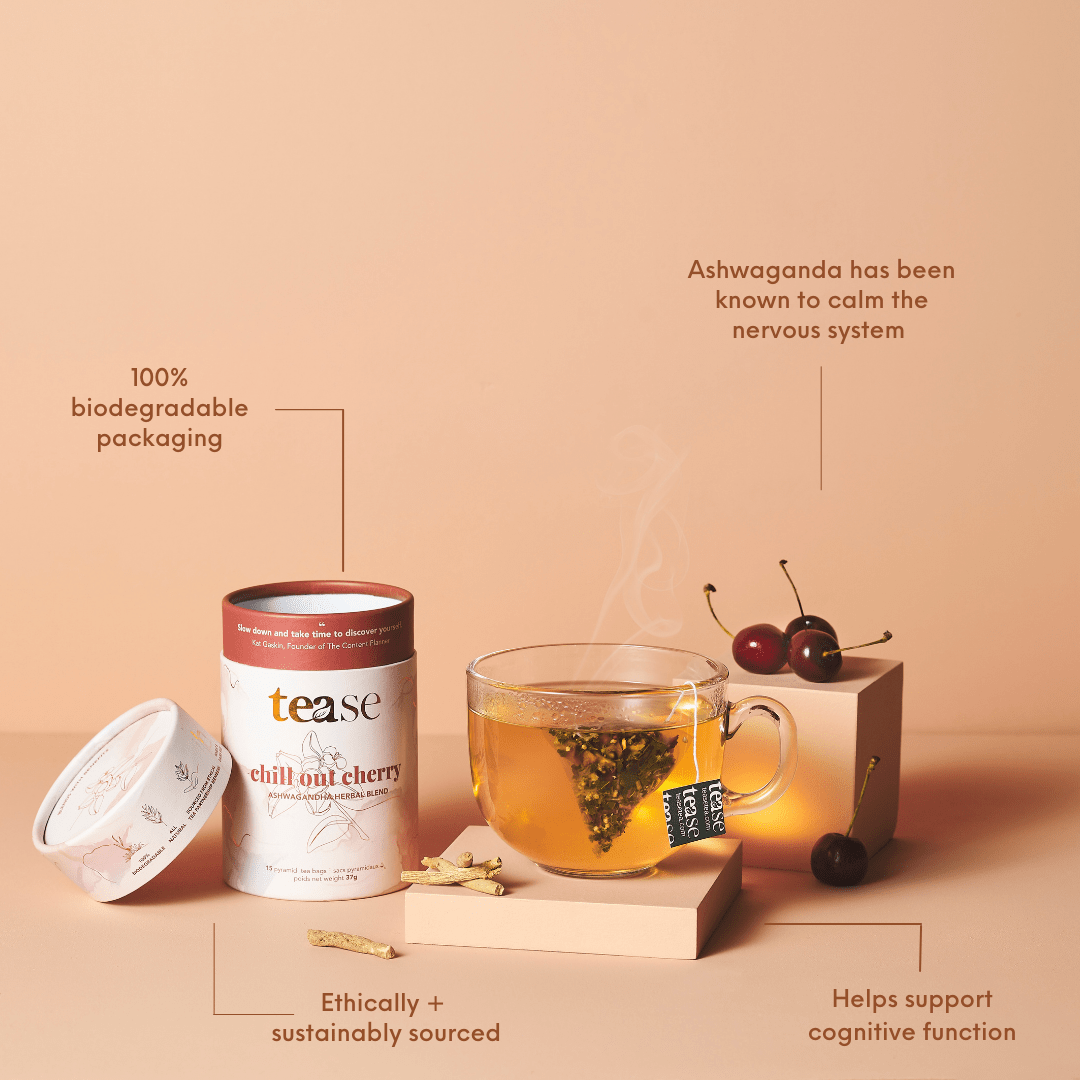 Tease Tea tube-refill > wellness > biodegradable > tea > ashwagandha > stress tea Chill out Cherry Refill Chill out Cherry Tea Refill | Stress Support - Tease Wellness Blends