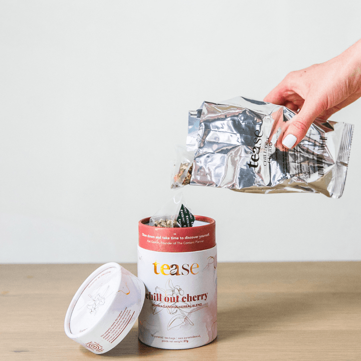 Tease Tea tube-refill > wellness > biodegradable > tea > ashwagandha > stress tea Chill out Cherry Refill Chill out Cherry Tea Refill | Stress Support - Tease Wellness Blends