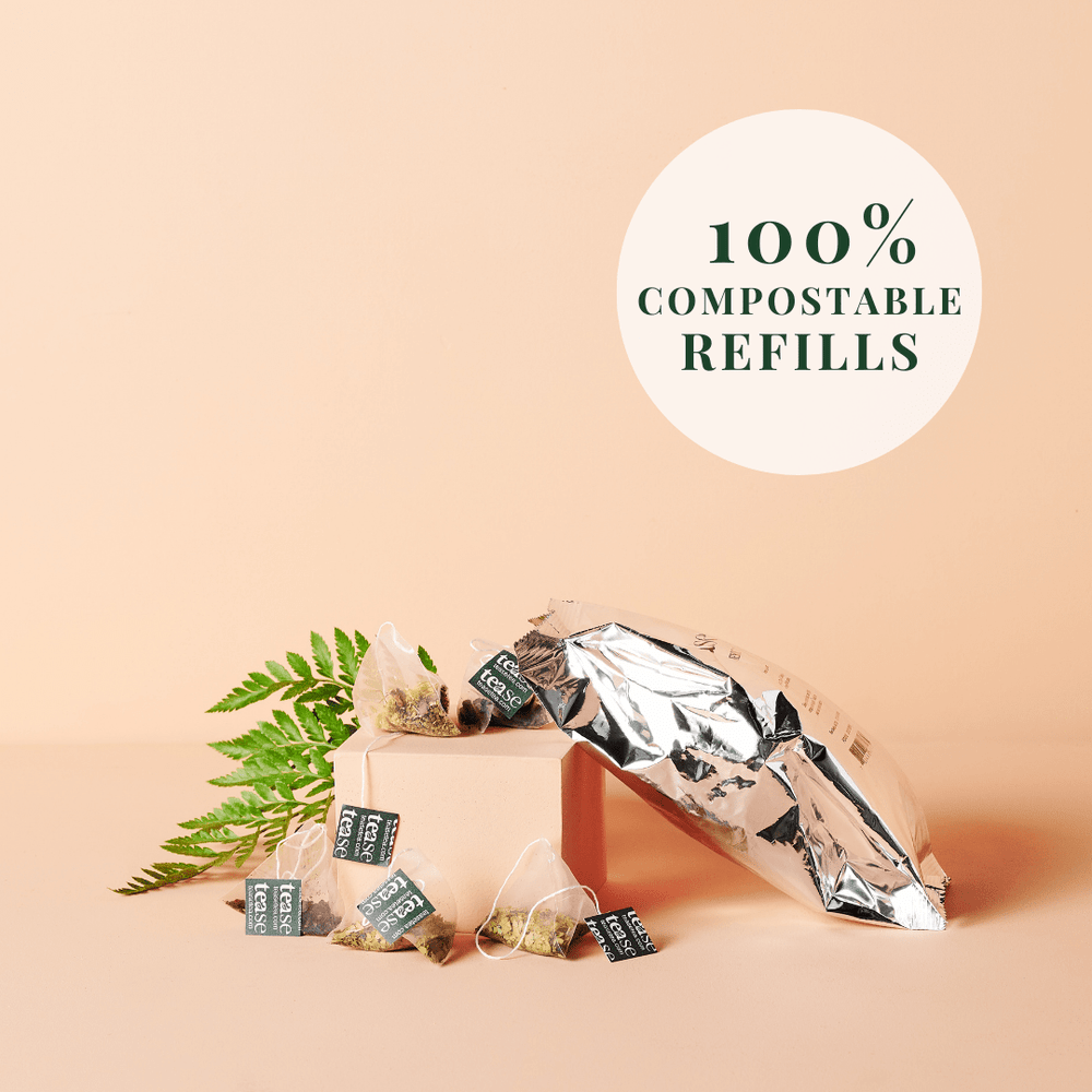 Tease Wellness Midnight Mint Refill tea blend with organic mint and herbs in compostable pyramid bags and foil pouch.