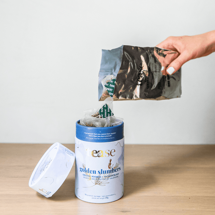 Tease Tea tube-refill > wellness > biodegradable > tea > sleep tea > rooibos > sleepy tea Golden Slumbers Refill (Organic) Golden Slumbers Tea Refill | Sleep Support - Tease Wellness Blends