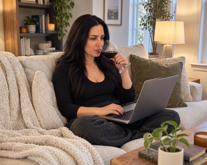 A woman on the sofa with a glass of wine and her laptop
