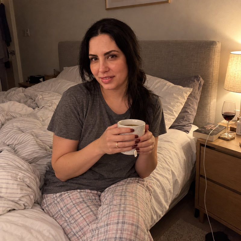 A woman in bed at night with a mug of tea, a glass of wine on the nightstand