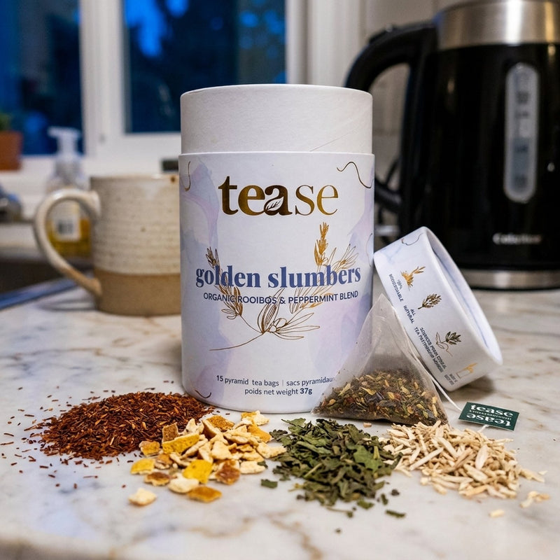 A Golden Slumbers tin beside its loose ingredients
