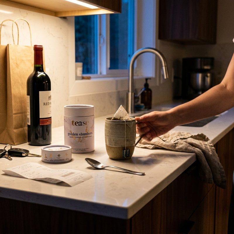 A bottle of wine beside a Tease tin and a mug of tea on the kitchen counter