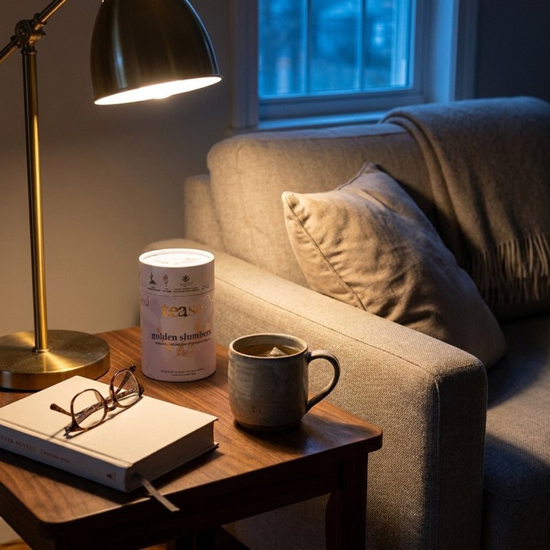 A cup of tea on a side table by the sofa in the evening