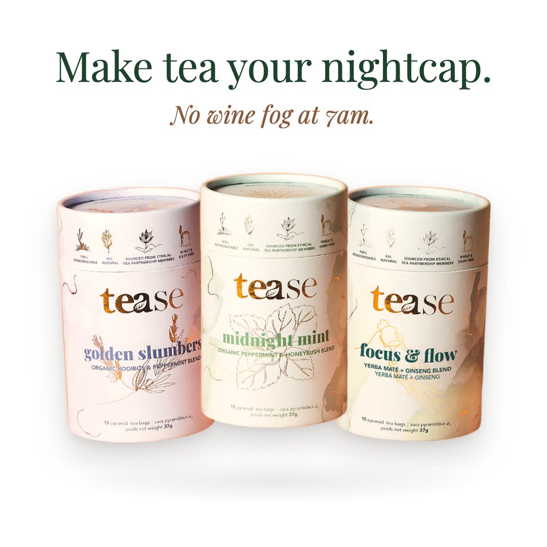 Make tea your nightcap. No wine fog at 7am. The three Evening Reset tubes