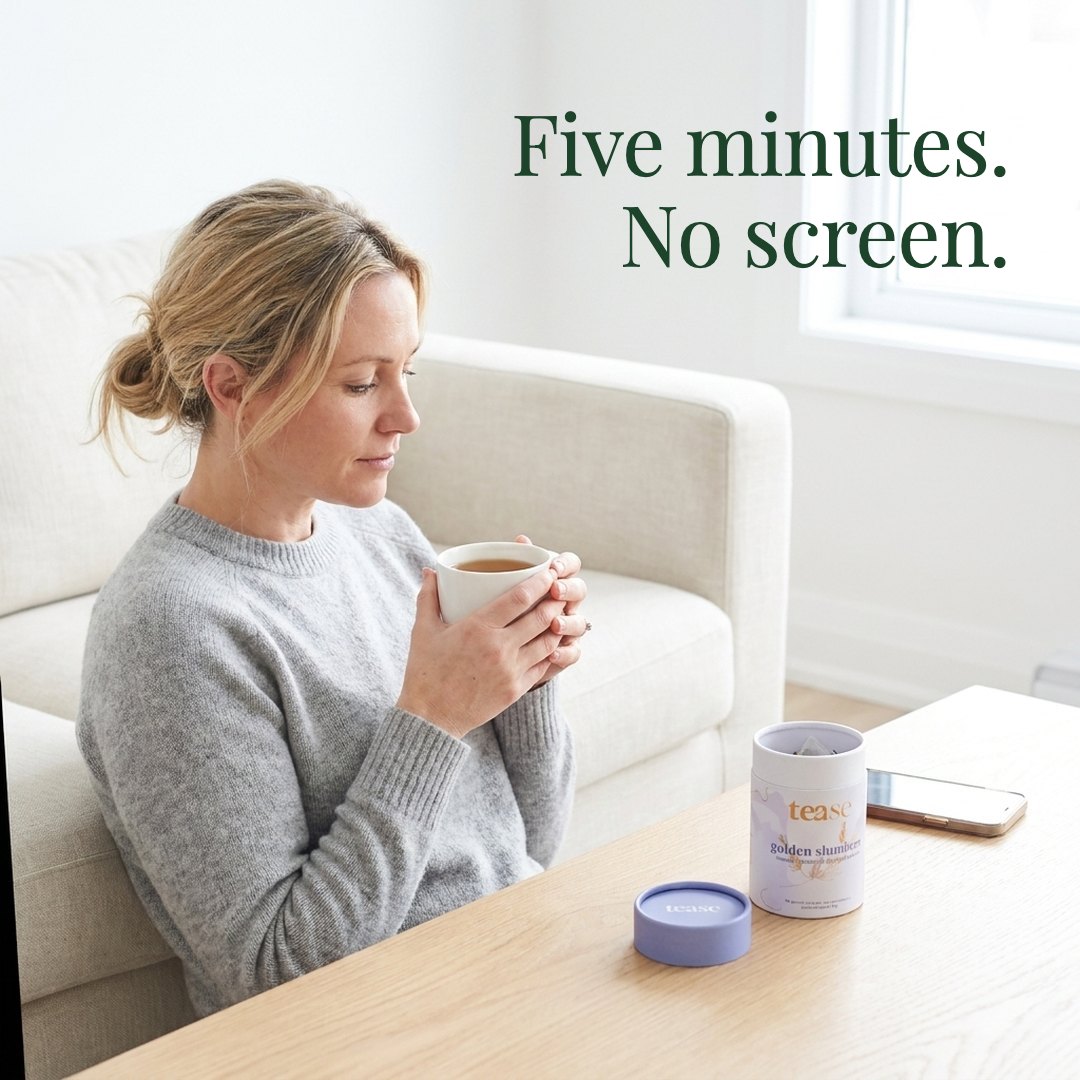 A woman on her sofa with a cup of Golden Slumbers. Five minutes, no screen