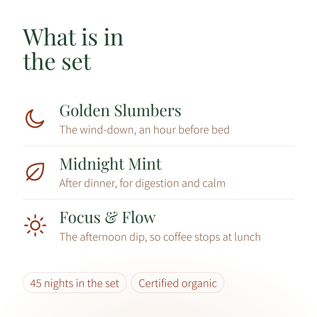 What is in the set: Golden Slumbers, Midnight Mint, Focus & Flow